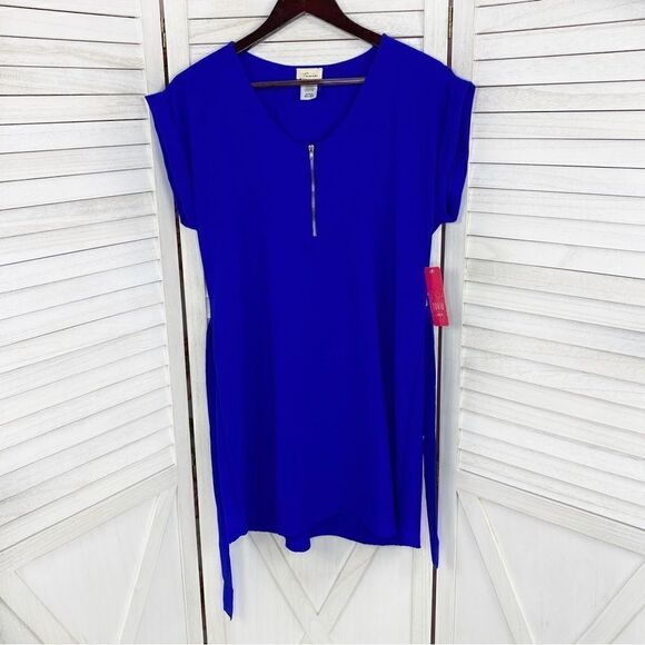 Tovia Scoop Neck Tie Waist Tunic Shirt Dress Cobalt Blue Large Mini - Picture 8 of 13